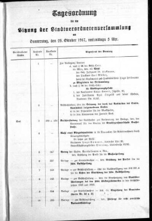 Anlage: Tagesordnung für die Sitzung, 20. Oktober 1917
