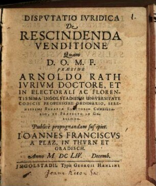 Dispvtatio Ivridica De Rescindenda Venditione