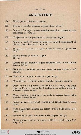 Argenterie (Nr. 124-140)