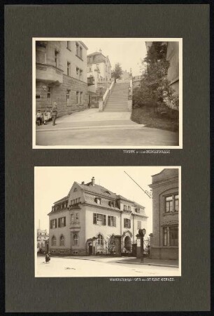Blatt 12 mit zwei Silbergelatinepapierabzügen (Treppe an der Bergstraße und Verwaltungsgebäude des Städtischen Elektrizitätswerkes, Plauen) : Flügelmappe mit Pergamenteinband und farbigem, montiertem Wappen der Stadt Plauen, bezeichnet goldgeprägt Mitte: Ihrem hochverdienten Stadtbaurat / Die Stadt Plauen / 1895-1909; im Inneren Vorsatz und Laschen mit hellgrüner Seide überzogen; auf dem Deckel vorn innen auf der Innenkante bezeichnet goldgeprägt unten Mitte: R. OESTERREICH J., K. HOFBUCHBINDER, DRESDEN; auf 22 losen, schwarzen Kartons 42 montierte Silbergelatinepapierabzüge sowie ein loser Silbergelatinepapierabzug; Untersatzkartons: je 47,8 x 32 cm, Mappe: 49,7 x 34 x 3,5 cm, Original-Pappbox: 52 x 37 x 4,5 cm (um 1909). Dresden: SLUB/DF 2022.E.5