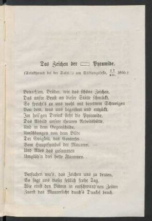 Das Zeichen der [Loge] Pyramide. (Trinkspruch bei der Tafel[loge] am Stiftungsfeste, 27/XII. 5855.)