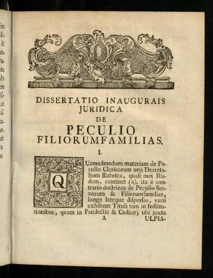 1-14, Dissertatio Inaugurais Juridica de Peculio Filiorum Familias