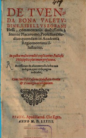 De Tvenda Bona Valetvdine, Libellvus Eobani Hessi : In quibus multa erudite explicantur, studiosis Philosophiae plurimum profutura ; accesserunt & alia nonnulla lectu non indigna