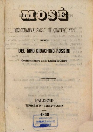 Mosè : Melodramma sacro in 4 atti