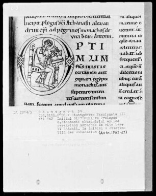 Stuttgarter Passionale — Ergänzungsband — Textseite mit zwei figürlichen Initialen, Folio 142recto — Initiale O (ptimum), darin Autorenbild des heiligen Athanasius, Folio 142recto