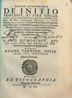 Relatio compendiaria de initio processu et fine Colloquii Ratisbonensis anno 1601 inst.