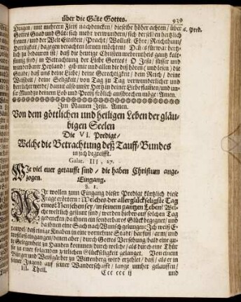 Die VI. Predigt/ Welche die Betrachtung deß Tauff-Bundes in sich begreifft.
