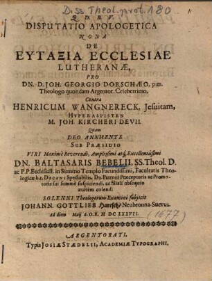 Disputatio Apologetica Nona De Eytaxia Ecclesiae Lutheranae