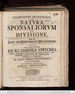 Dissertatio Inavgvralis, De Natvra Sponsaliorvm Et Divisione