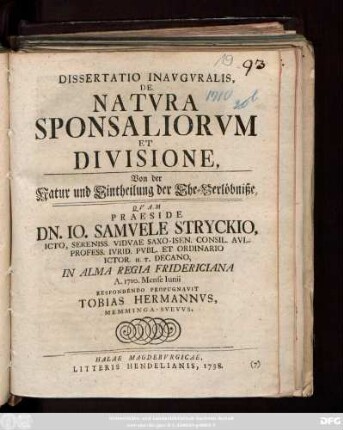 Dissertatio Inavgvralis, De Natvra Sponsaliorvm Et Divisione