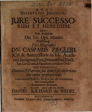 Disputatio Juridica, De Successorum Et Heredum