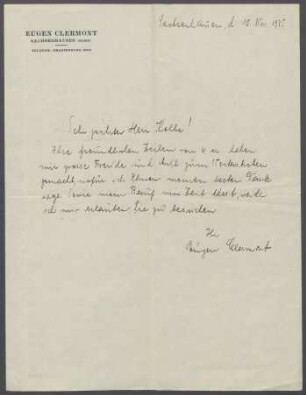 Brief von Eugen Clermont an Georg Kolbe