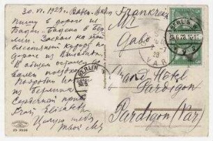 Ansichtskarte Motiv Baden-Baden von Dr. L.D. Khaskin [Cousin von Gabo] an Naum Gabo (russisch). Berlin