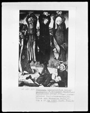 Hochaltar der ehemaligen Augustinerkirche in Nürnberg — Martyrium des Heiligen Veit — Die Heiligen Veit, Kreszentia und Modestus hängen am Kreuz