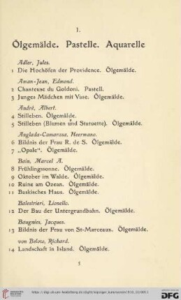 I. Ölgemälde. Pastelle. Aquarelle (Nr. 1-159)