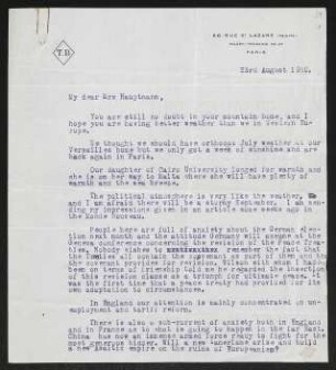 Brief von Thomas Barclay an Margarete Hauptmann