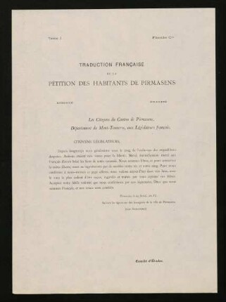 Planche Cbis: Traduction Francaise de la Pétition des habitants de Pirmasens