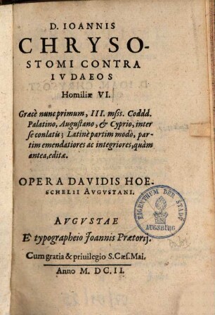 D. Ioannis Chrysostomi Contra Iudaeos Homiliae VI