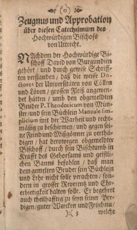 Zeugnus und Approbation über diesen Catechismus des Hochwürdigen Bischofs von Uttrecht.