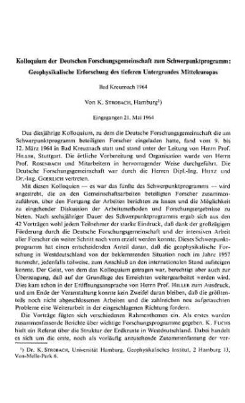 Kolloquium der Deutschen Forschungsgemeinschaft zum Schwerpunktprogramm: Geophysikalische Erforschung des tieferen Untergrundes Mitteleuropas
