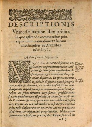 Descriptionis Universae naturae ex Arist. pars ... : In Quatuor Libros distincta, scholiis illustrata et postremo recognita, 1