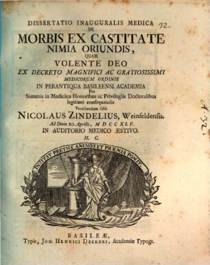 Diss. inaug. med. de morbis, ex castitate nimia oriundis