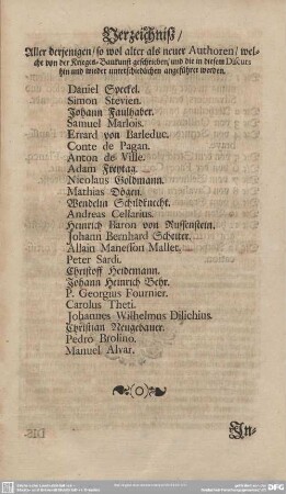 Verzeichniß/ Aller derjenigen/ so wol alter als neuer Authoren/ welche von der Kriegs=Baukunst geschrieben/ und die in diesem Discurs hin und wieder unterschiedlichen angeführet werden.