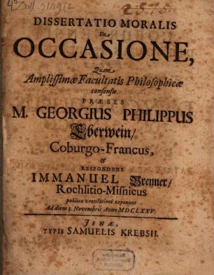 Dissertatio Moralis De Occasione