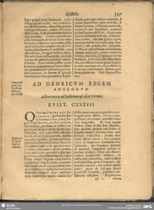 Ad Henricum Regem Anglorum. Adhortatoria ad Justitiam & alias virtutes. Epist. CXXXVII.