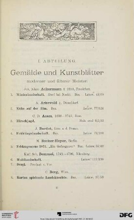 I. Abteilung. Gemälde und Kunstblätter, moderner und älterer Meister (Nr. 1-243)