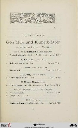 I. Abteilung. Gemälde und Kunstblätter, moderner und älterer Meister (Nr. 1-243)