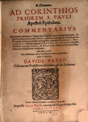 In Divinam ad Corinthios priorem S. Pauli Ap. epistolam Commentarius