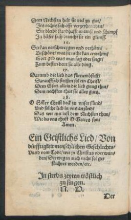 Ein Geistlichs Lied/ Von dürfftigkeit menschlichen Geschlechts ...