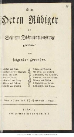 Dem Herrn Rüdiger an Seinem Disputationstage gewidmet