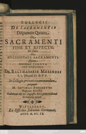 5: De Sacramenti Fine Et Effectu; Ubi simul, De Necessitate Sacramenti
