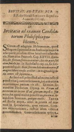 IV. Invitatio ad examen Candidatorum Philosophiae publicum