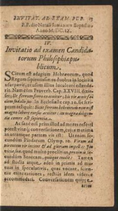 IV. Invitatio ad examen Candidatorum Philosophiae publicum
