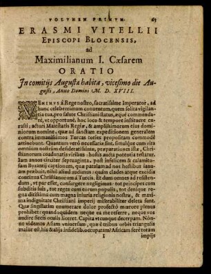 Erasmi Vitellii Episcopi Blocensis, ad Maximilianum I. Caesarem Oratio ...
