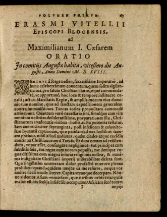 Erasmi Vitellii Episcopi Blocensis, ad Maximilianum I. Caesarem Oratio ...