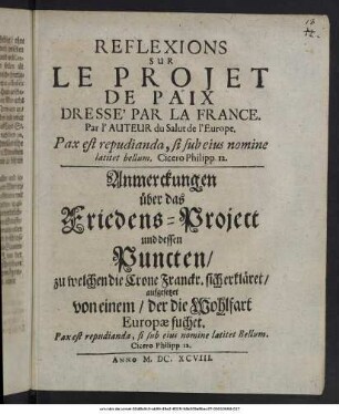 Reflexions Sur Le Projet De Paix Dresse' Par La France