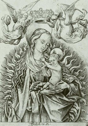 Die Madonna in Halbfigur auf der Mondsichel, von zwei Engeln gekrönt