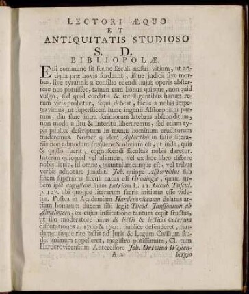 Lectori Æquo et Antiquitatis Studioso S. D. Bibliopolæ.