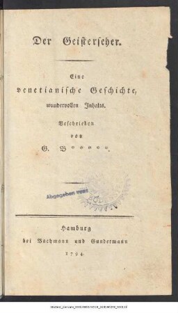 Der Geisterseher : Eine venetianische Geschichte wundervollen Inhalts