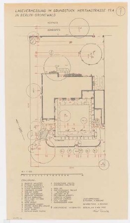 Garten Grethe Weiser, Herthastraße 17 a, Berlin-Grunewald: Lagevermessung, Bepflanzungsplan 1:100