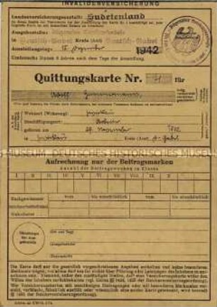 Quittungskarte mit Beitragsstempeln der Landesversicherungsanstalt Sudetenland - Familienkonvolut