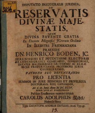 Disp. inaug. iur. de reservatis divinae maiestatis