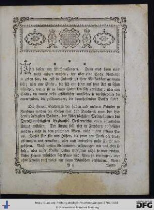 Muthmassungen eines Akademikers über den künftigen Umzug, welcher bey Gelegenheit der Durchreise Ihrer Königlichen Hoheit der Dauphine Erzherzogl. Österreichischen Prinzeßinn Antonie von den Herren Studenten auf der hohen Schule zu Freyburg wird angestellt werden.