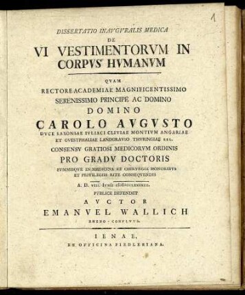Dissertatio Inauguralis Medica De Vi Vestimentorum In Corpus Humanum