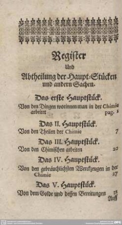 Register und Abtheilung der Haupt-Stücken und andern Sachen.
