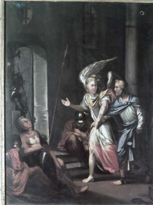 Typologische Darstellung von Szenen des Neuen Testaments — Petrus wird von einem Engel aus dem Gefängnis befreit